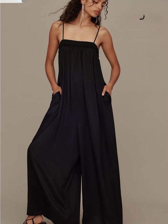 Maeve Pants - Maeve Black Wide-Leg Spaghetti-Strap Jumpsuit